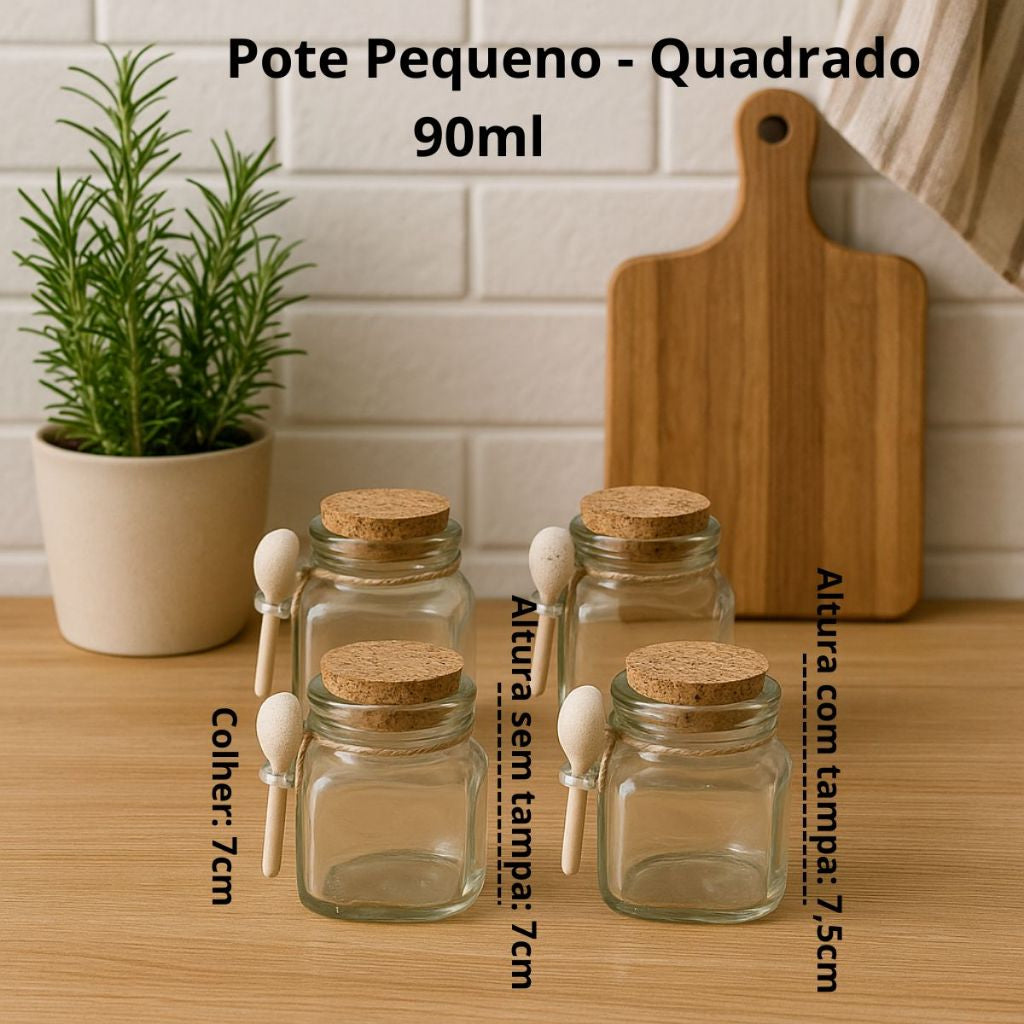 Kit Potes de Vidro Com Colher Bambu - Tampa Rolha Temperos e Condimentos