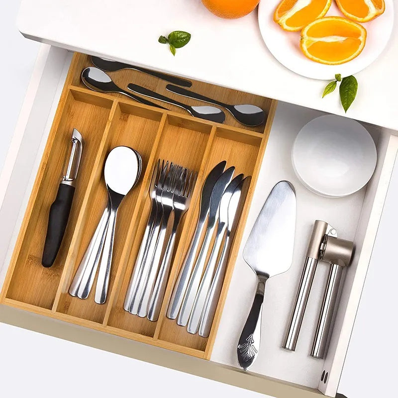 Porta Talheres de Bambu com 4 Divisórias – Organizador de Gaveta Sustentável e Elegante