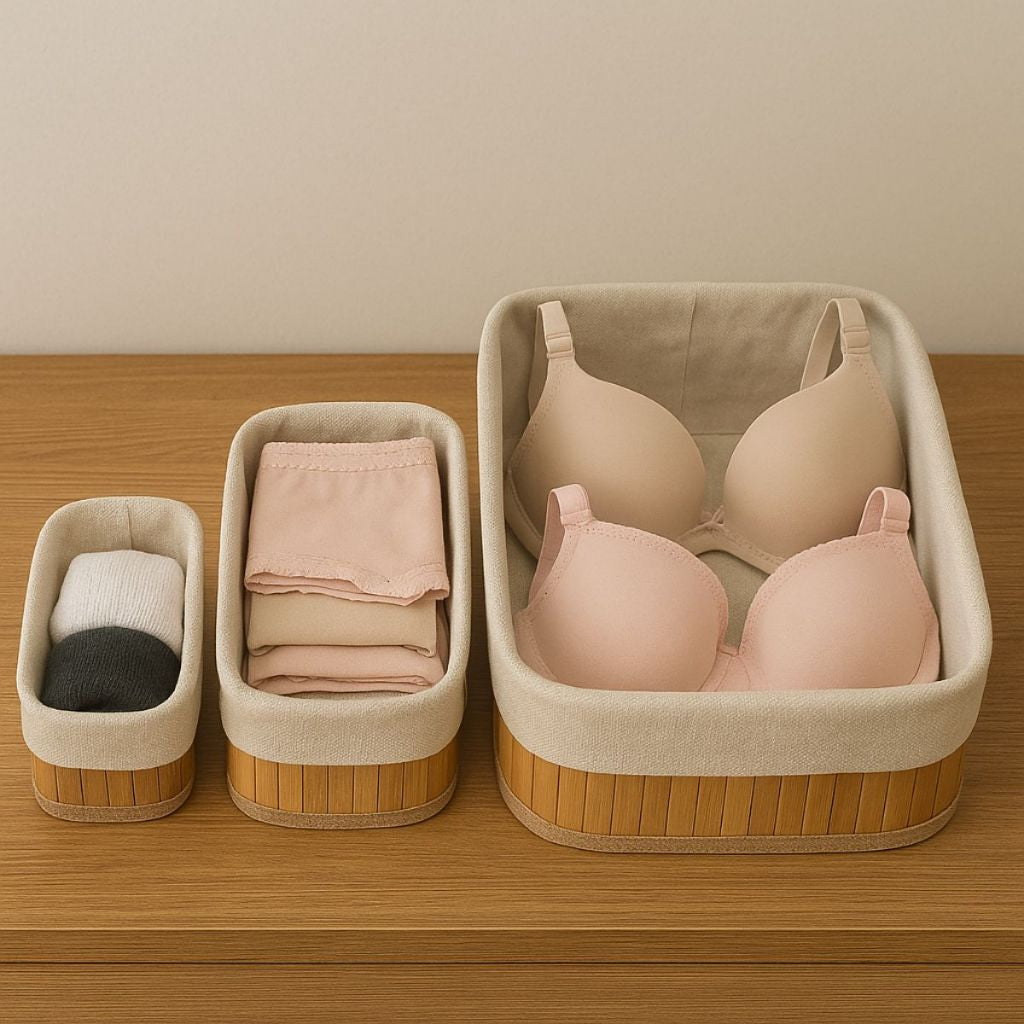 Cestos de Bambu com Forro 3 peças - Organizador Mesa