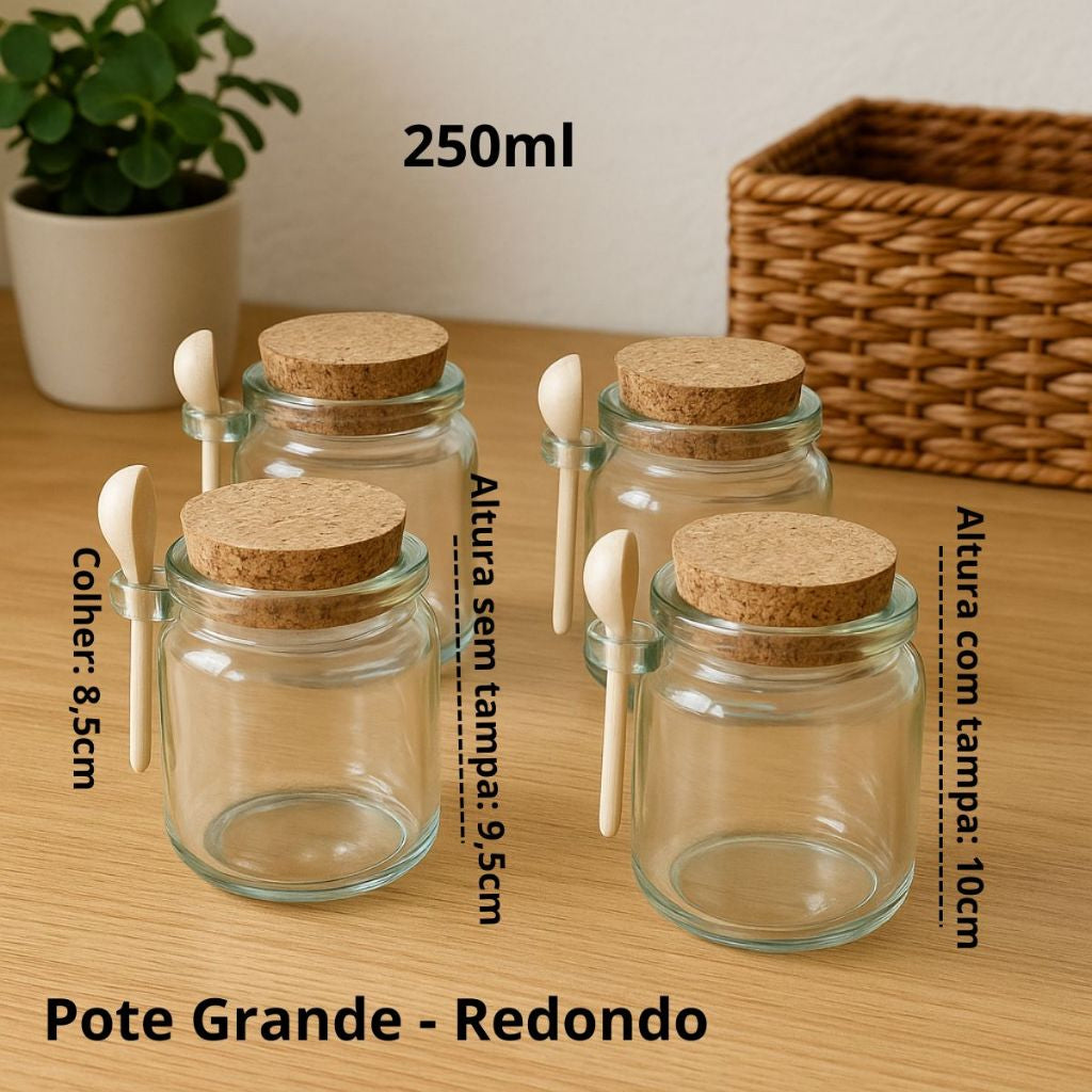 Kit Potes de Vidro Com Colher Bambu - Tampa Rolha Temperos e Condimentos