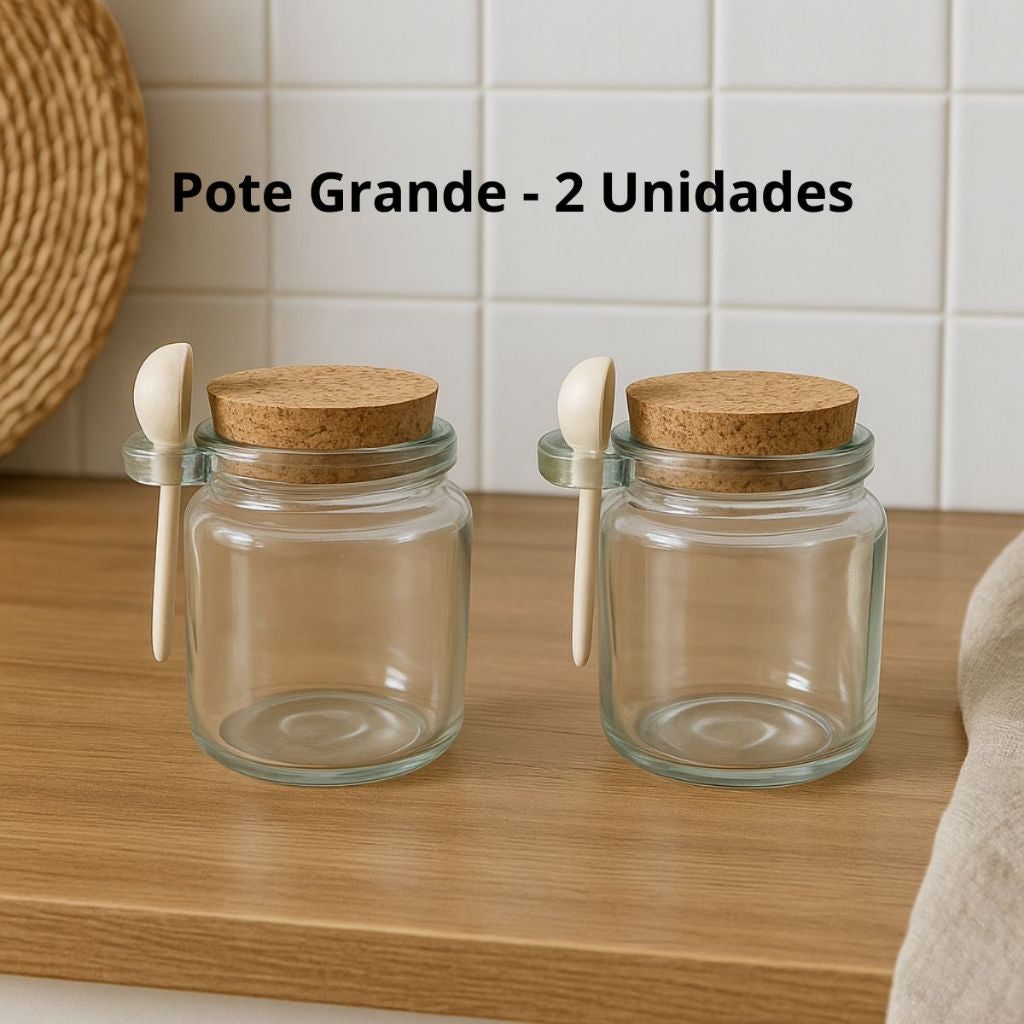 Kit Potes de Vidro Com Colher Bambu - Tampa Rolha Temperos e Condimentos