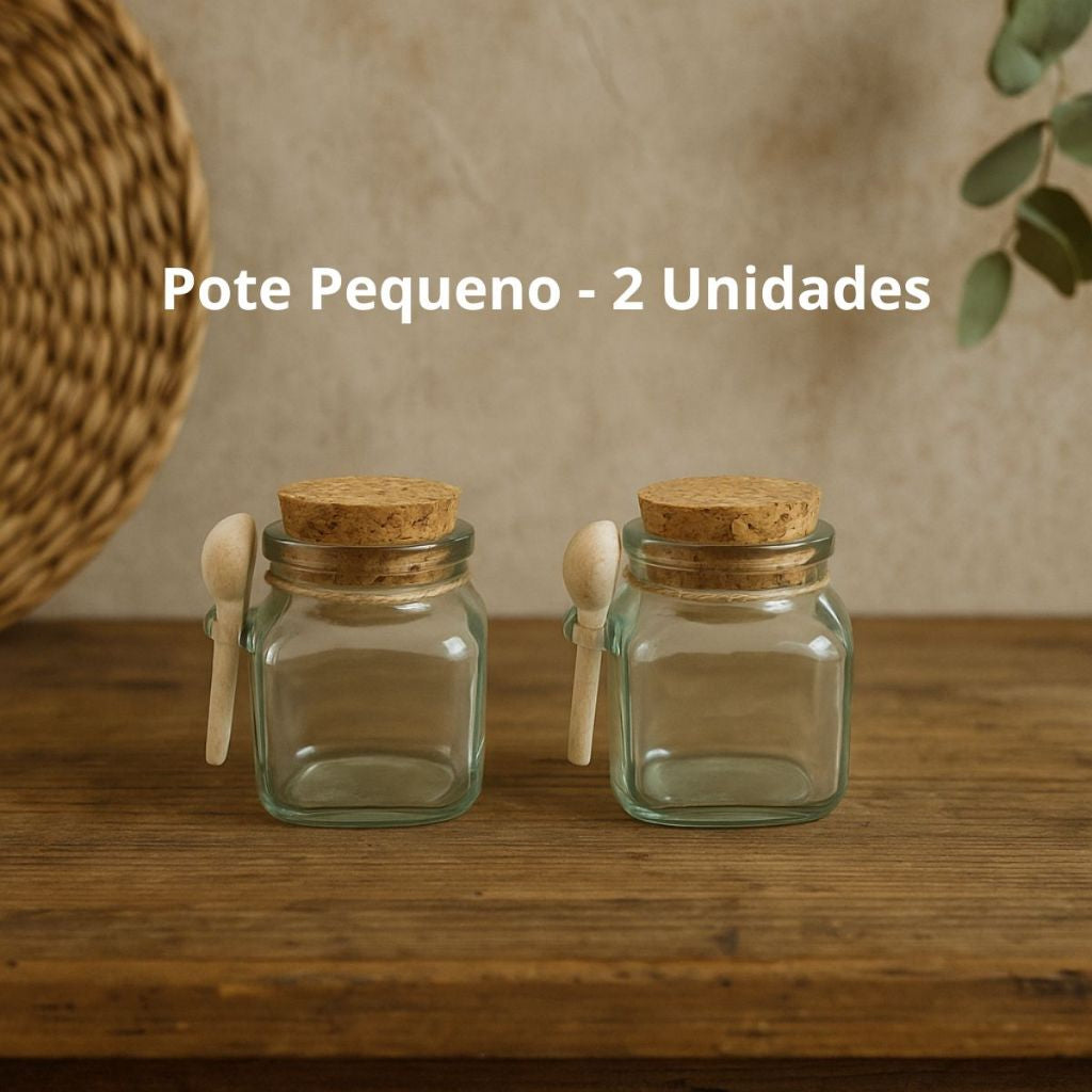 Kit Potes de Vidro Com Colher Bambu - Tampa Rolha Temperos e Condimentos