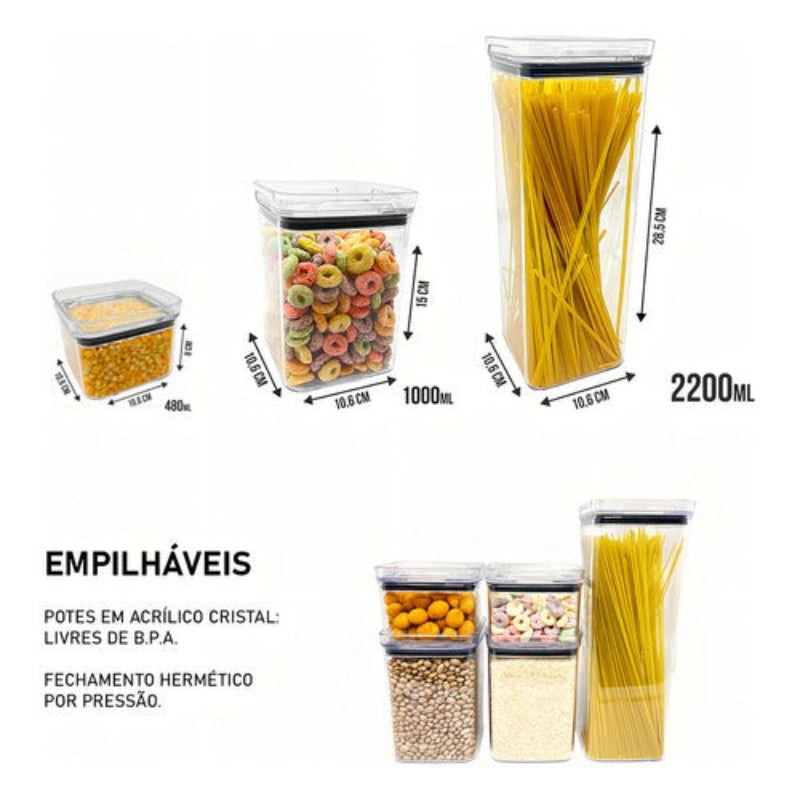 10 Potes Herméticos em Acrílico Cristal para Cozinha Empilhável Organizador para Mantimentos Amobox