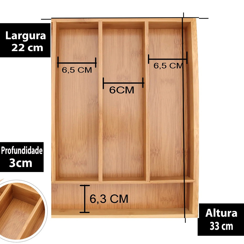 Porta Talheres de Bambu com 4 Divisórias – Organizador de Gaveta Sustentável e Elegante