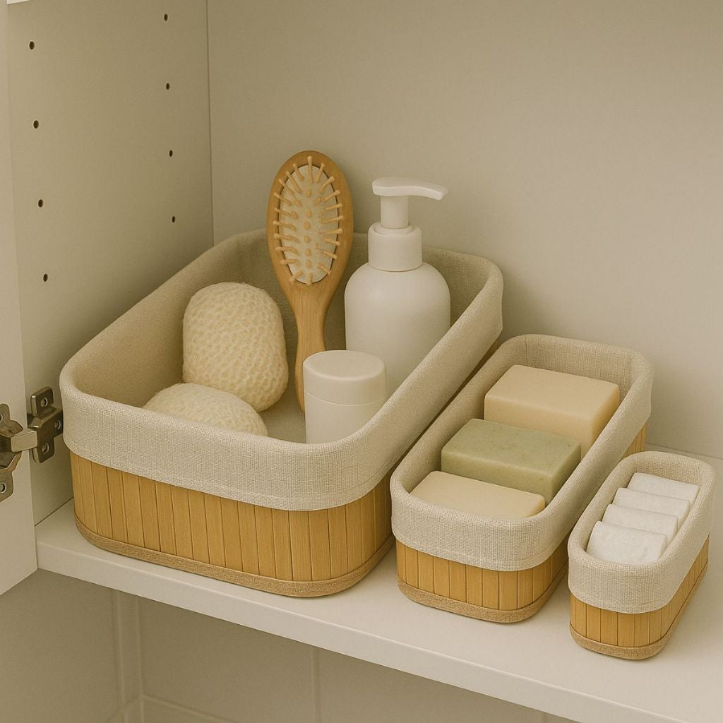 Cestos de Bambu com Forro 3 peças - Organizador Mesa