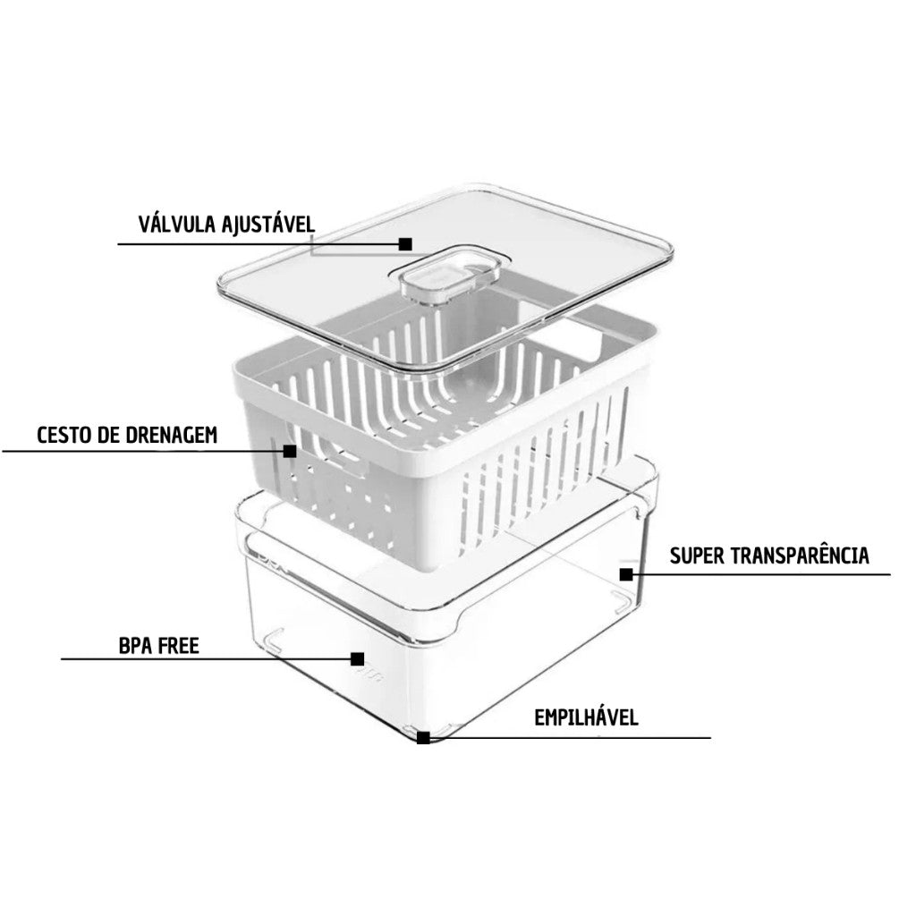 Organizadores de Geladeira Kit com 2 Cesto e Tampa com Respirador