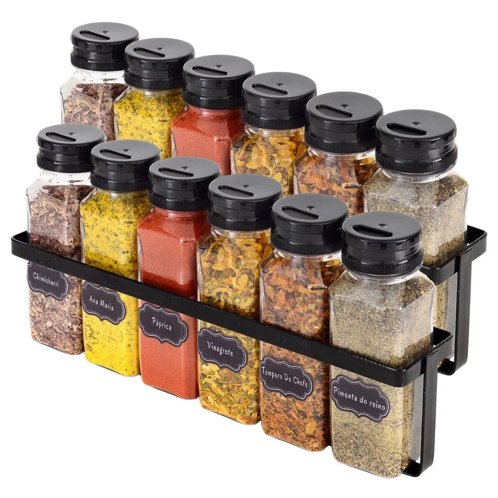 Porta Temperos 12 Potes com Suporte de Ferro – Organização e Praticidade na Sua Cozinha