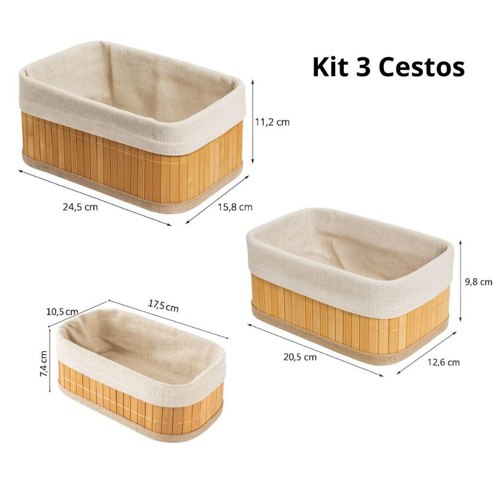 Cestos de Bambu com Forro 3 peças - Organizador Mesa