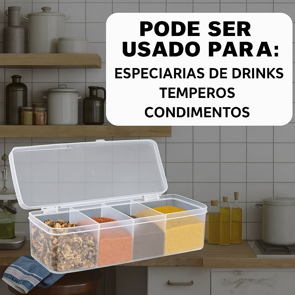 Porta Condimentos com 4 Divisórias + 4 Colheres – Organização com Estilo para Sua Cozinha