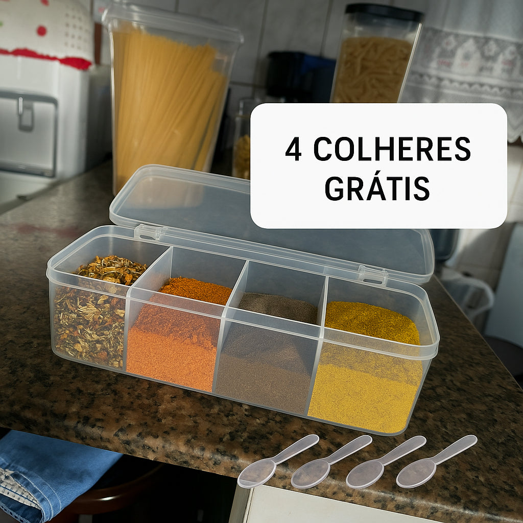 Porta Condimentos com 4 Divisórias + 4 Colheres – Organização com Estilo para Sua Cozinha