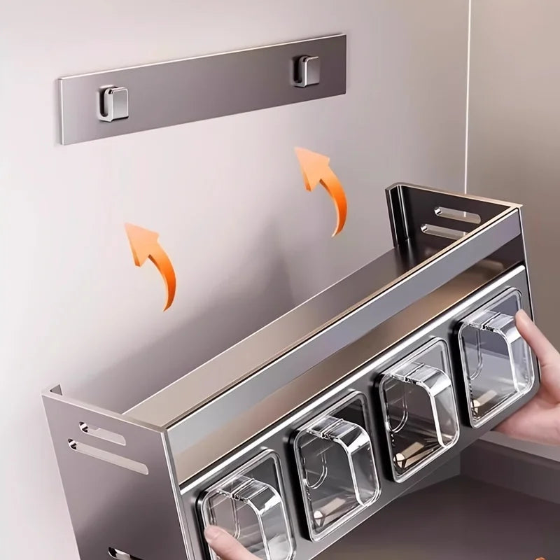Conjunto de armazenamento de rack de especiarias de cozinha montado na parede sem perfuração, com recipientes e distribuidores selados, adequado para uso doméstico