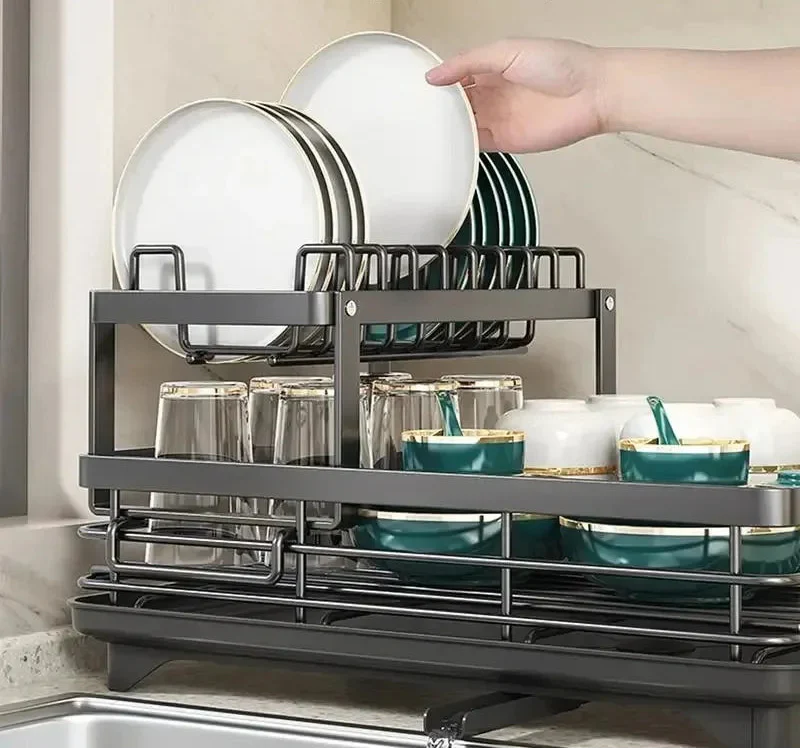 Rack de secagem de pratos ajustável e organizador de escorredor para pratos de cozinha, bancada sobre pia, armazenamento de talheres com dreno
