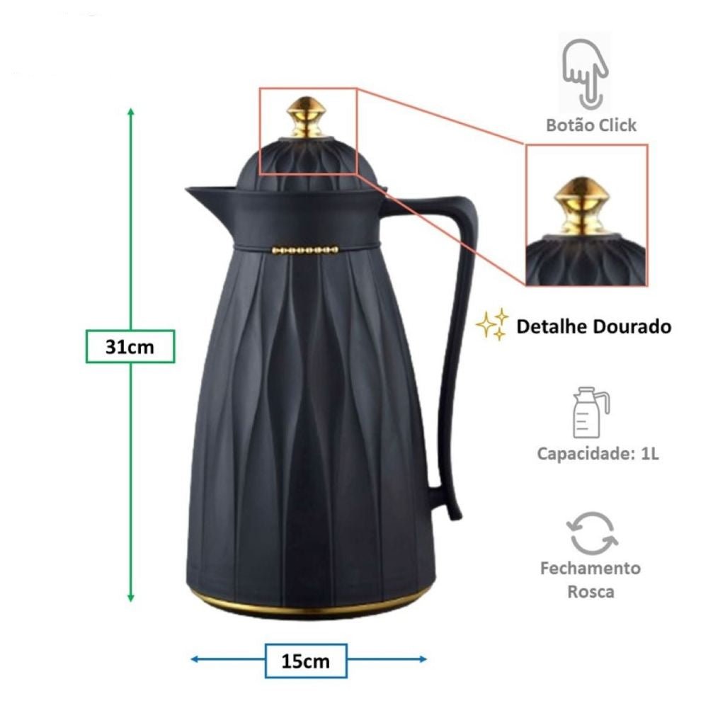 Garrafa Térmica de Café Chic 1L Preta e Dourada – Estilo e Alta Conservação Térmica - LK House