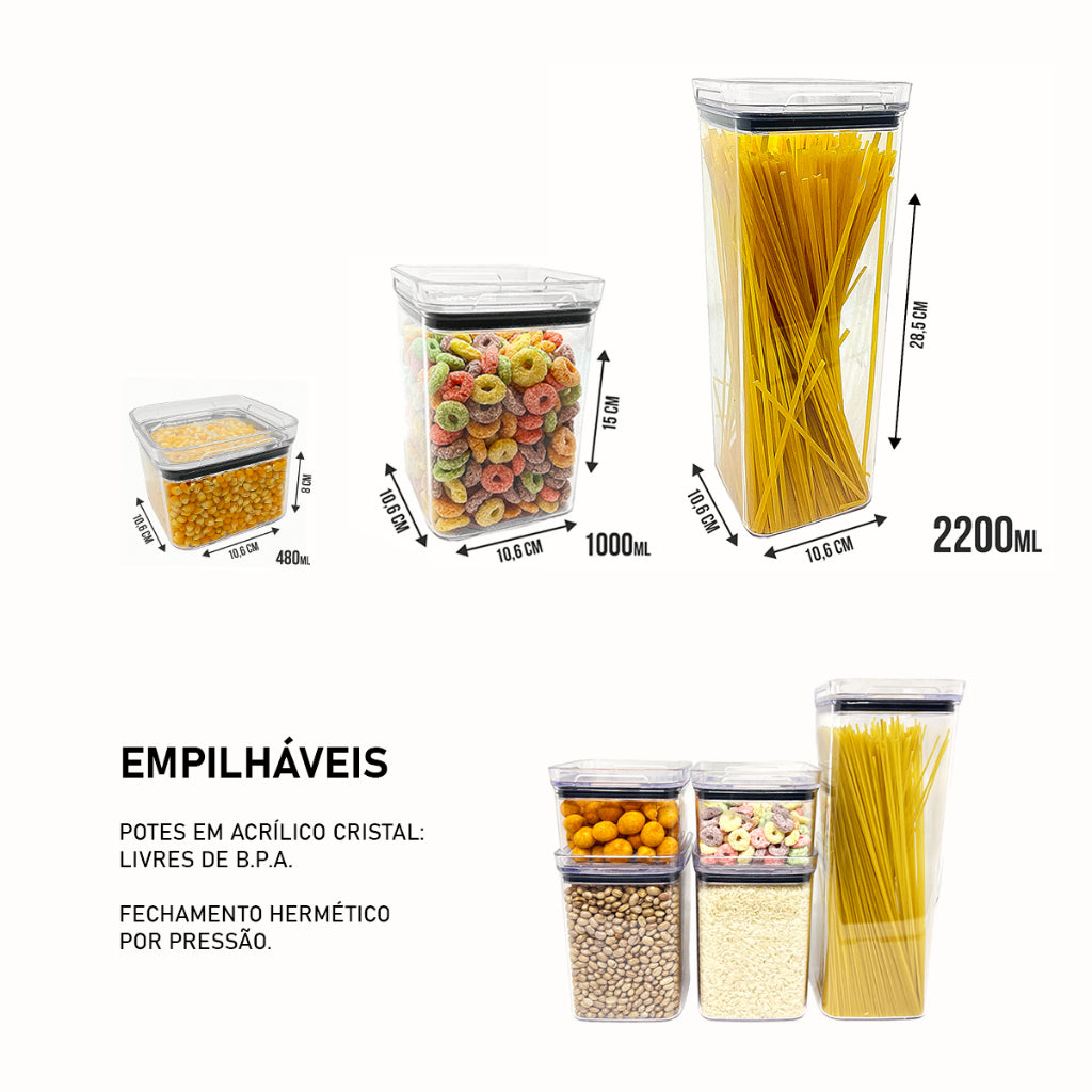 Kit de Potes Herméticos Empilháveis em Acrílico – Vedação Total e Organização Premium