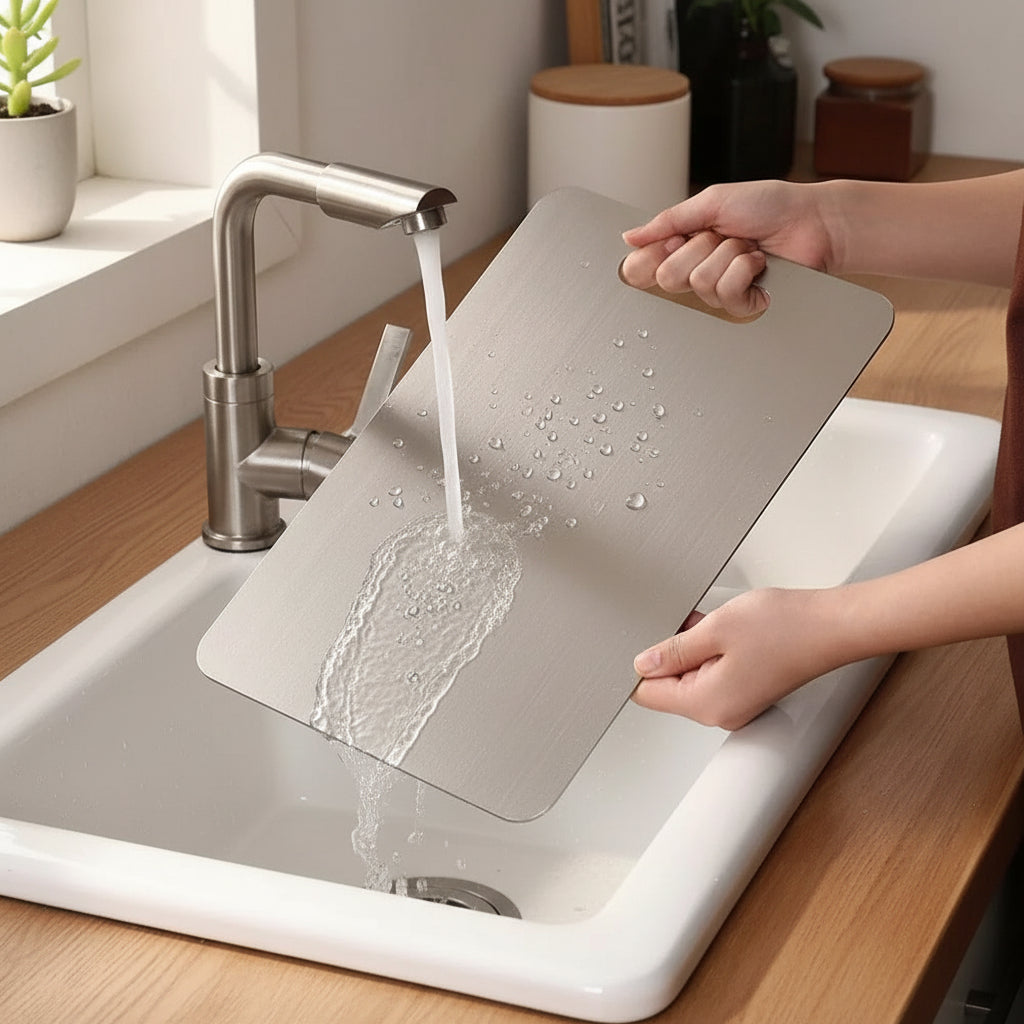 Tábua de corte profissional em aço inox 304 sobre a bancada da cozinha