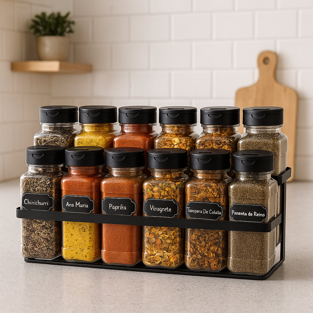 Porta Temperos 12 Potes com Suporte de Ferro – Organização e Praticidade na Sua Cozinha