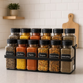 Porta Temperos 12 Potes com Suporte de Ferro – Organização e Praticidade na Sua Cozinha