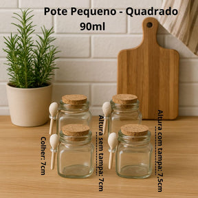 Kit Potes de Vidro Com Colher Bambu - Tampa Rolha Temperos e Condimentos