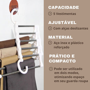 Cabide Organizador 5 em 1 em Aço Inox – Mais Espaço e Organização no Seu Guarda-Roupa