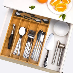 Porta Talheres de Bambu com 4 Divisórias – Organizador de Gaveta Sustentável e Elegante
