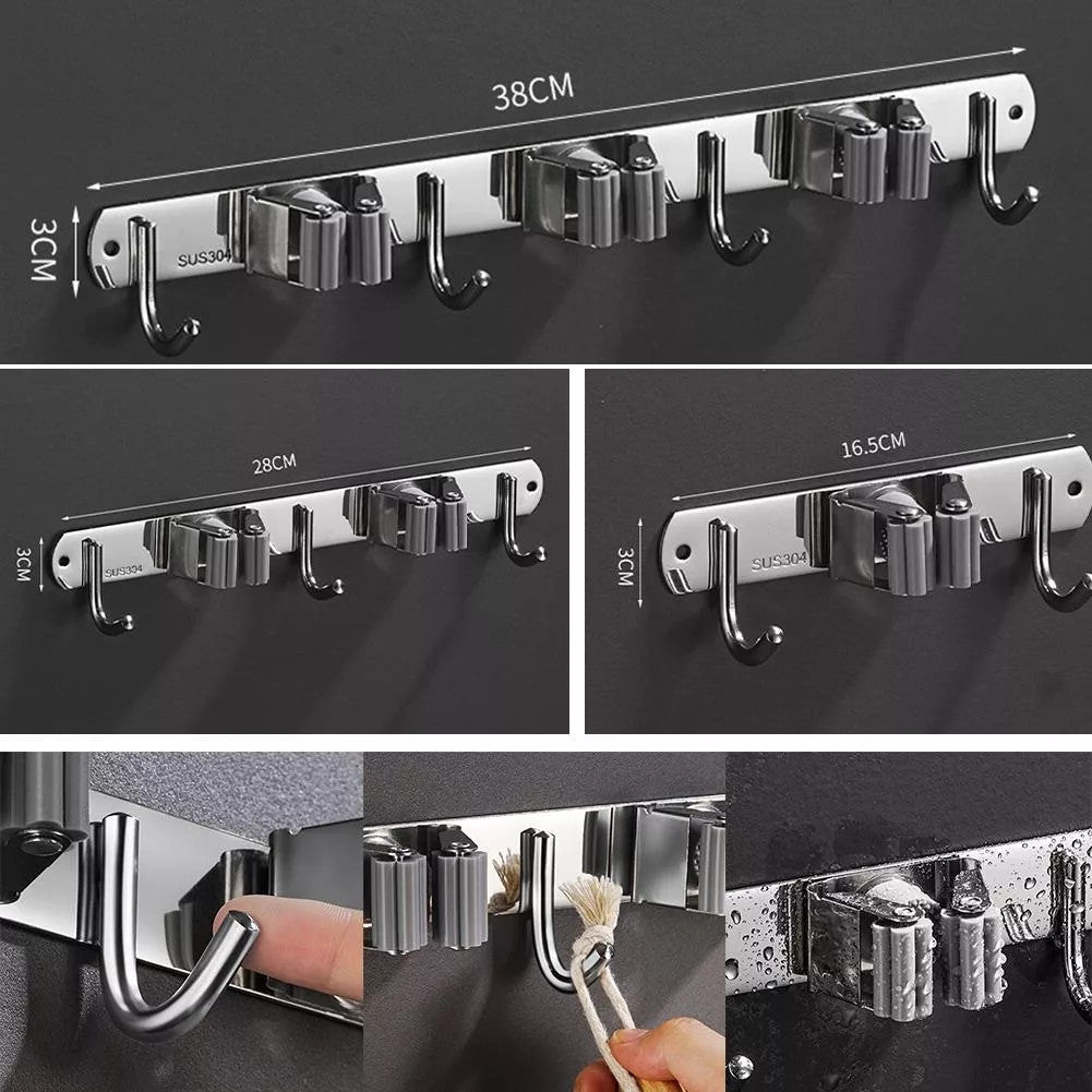 Suporte de Parede em Inox com 9 Ganchos — Utensílios de Limpeza Fora do Chão
