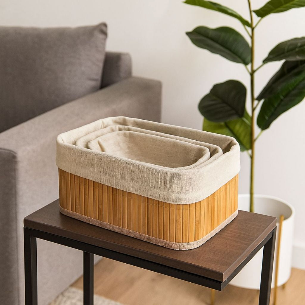 Cestos de Bambu com Forro 3 peças - Organizador Mesa