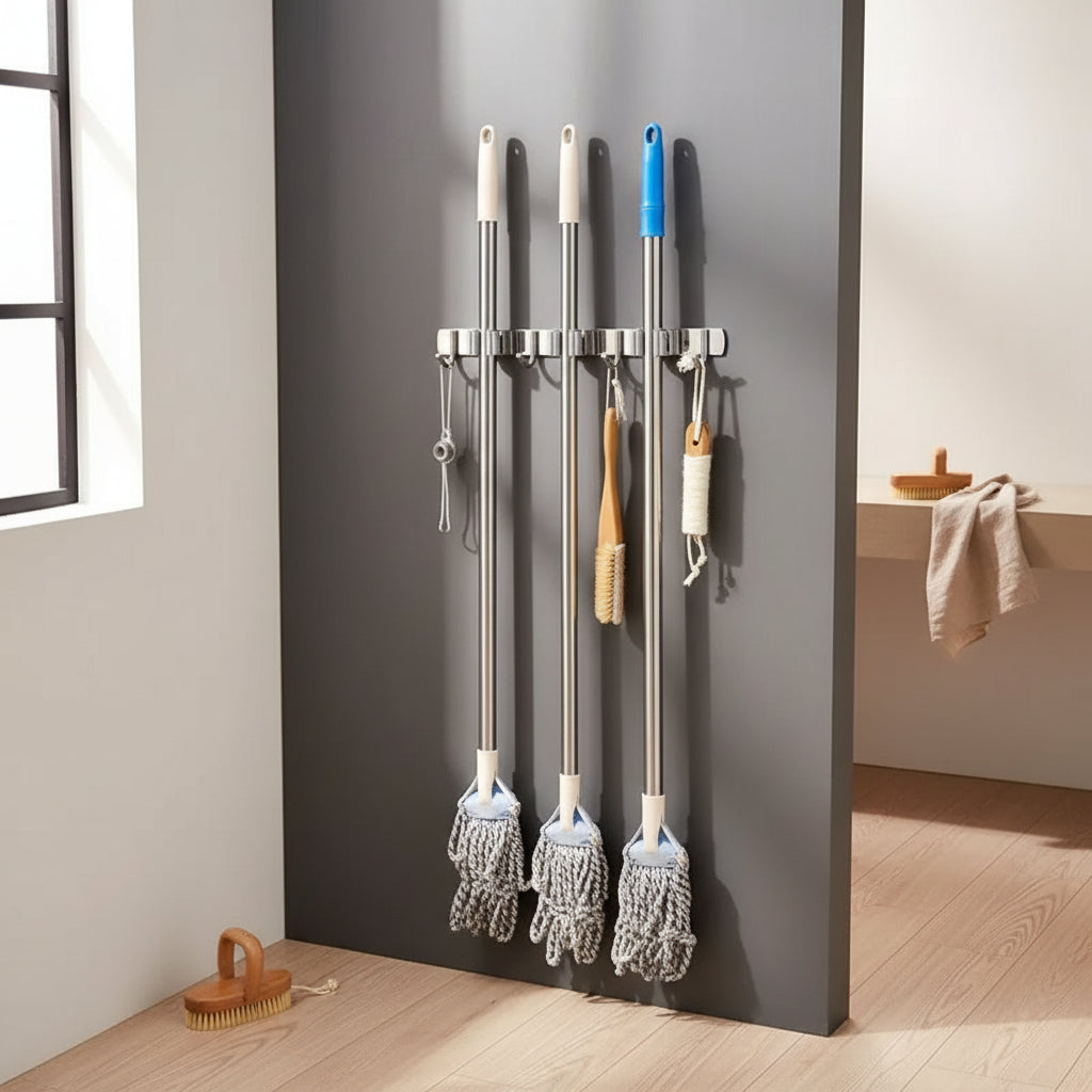 Suporte de Parede em Inox com 9 Ganchos — Utensílios de Limpeza Fora do Chão