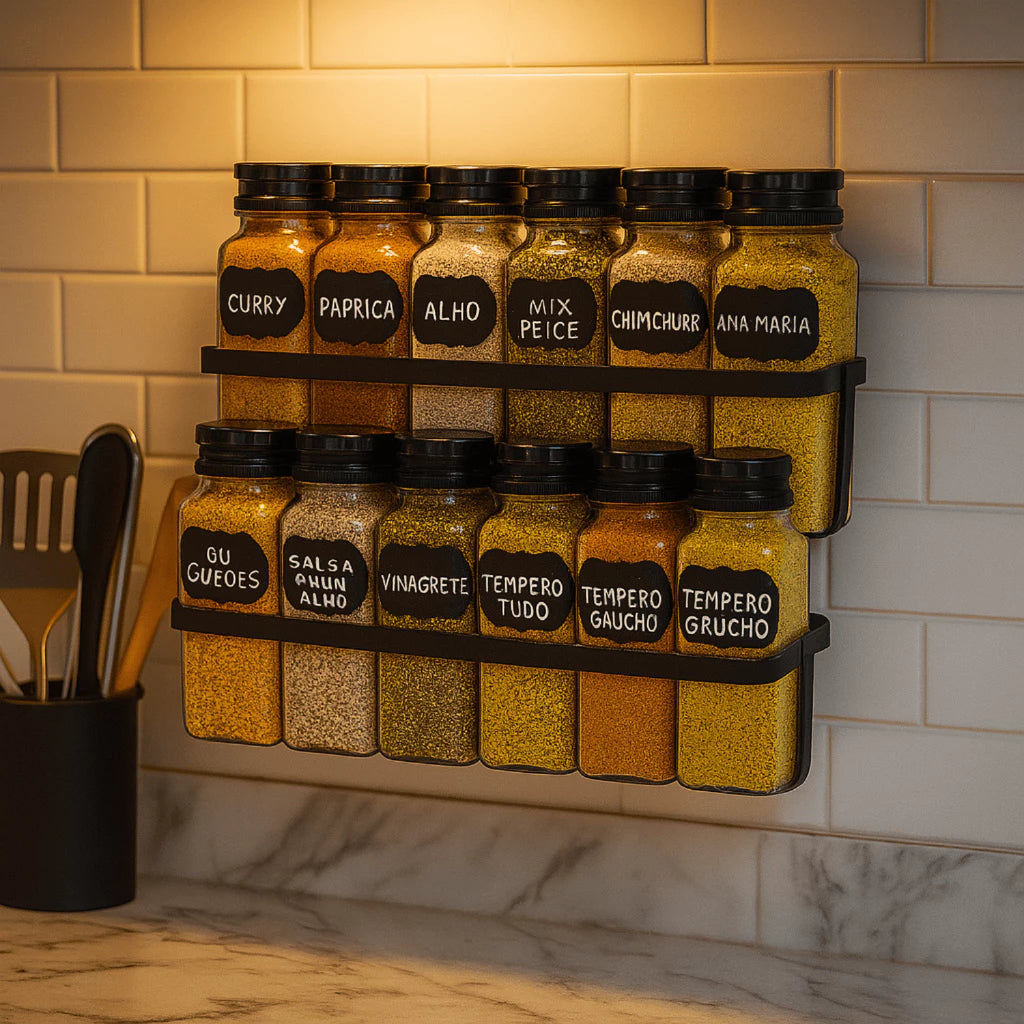 Porta Temperos 12 Potes com Suporte de Ferro – Organização e Praticidade na Sua Cozinha