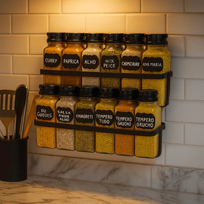 Porta Temperos 12 Potes com Suporte de Ferro – Organização e Praticidade na Sua Cozinha