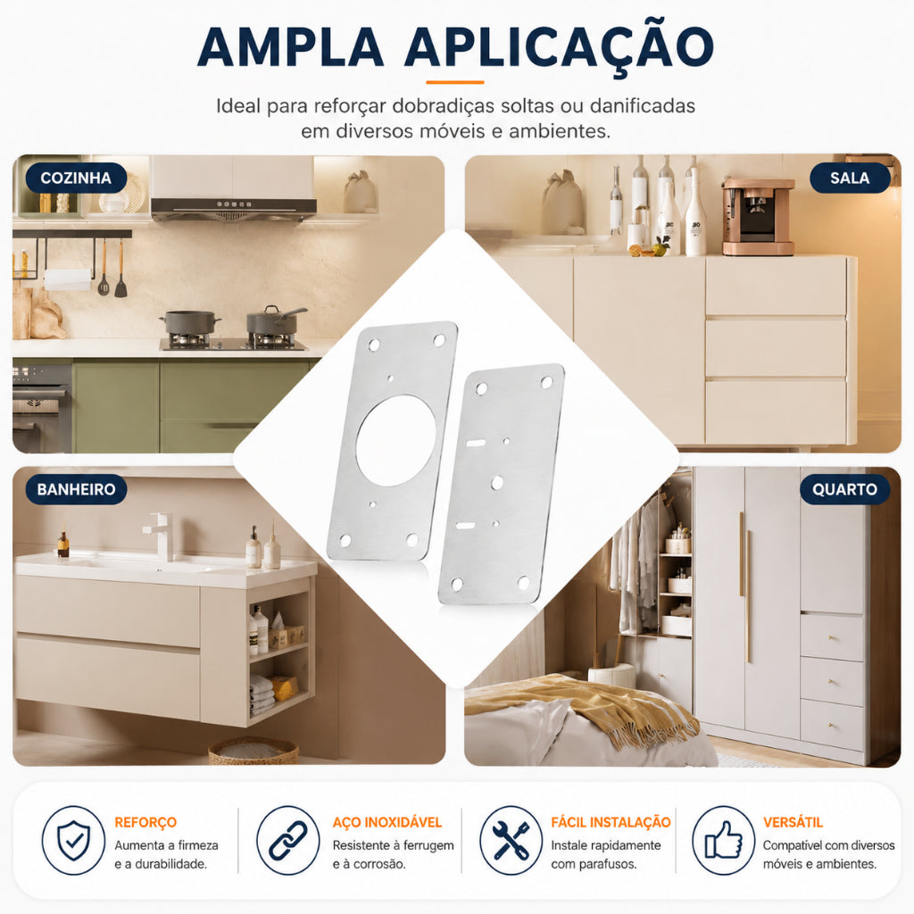 Kit 10 Placas Reparo para Consertar Dobradiça Armário