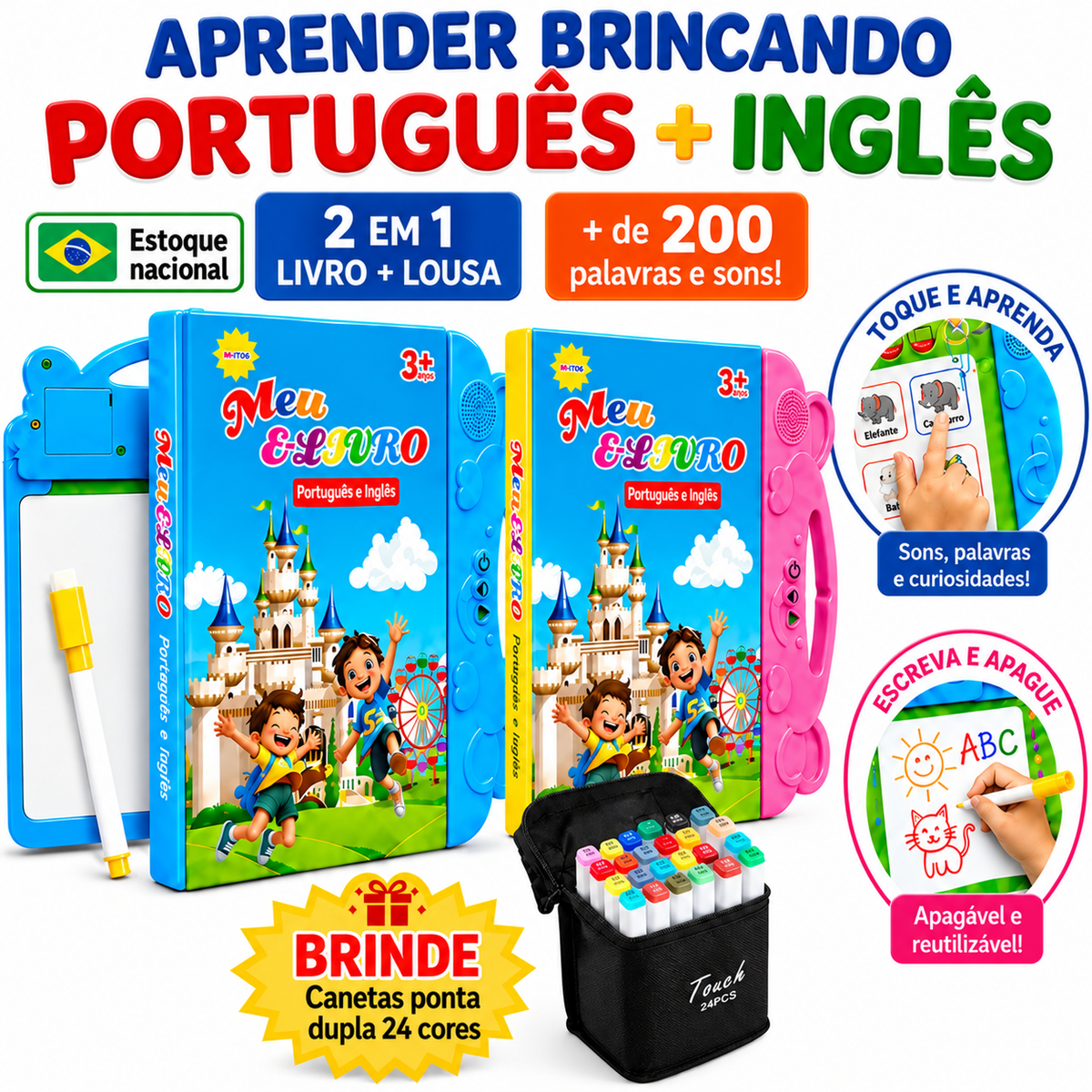 Livro Sonoro Bilíngue 2 em 1 com Lousa + Brinde
