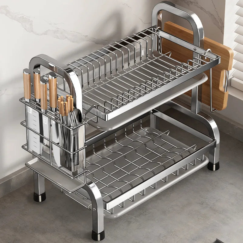 Rack de secagem de prato compacto cozinha prato rack dreno conjunto grande escorredor de prato à prova de ferrugem com suporte de utensílio