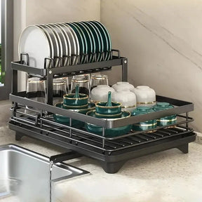 Rack de secagem de pratos ajustável e organizador de escorredor para pratos de cozinha, bancada sobre pia, armazenamento de talheres com dreno