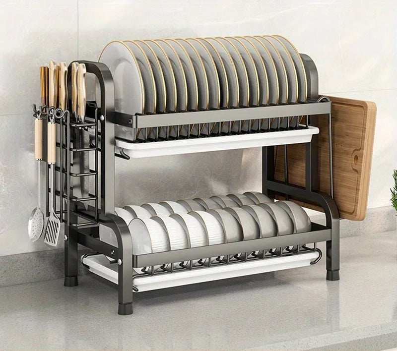 Rack de secagem de prato compacto cozinha prato rack dreno conjunto grande escorredor de prato à prova de ferrugem com suporte de utensílio