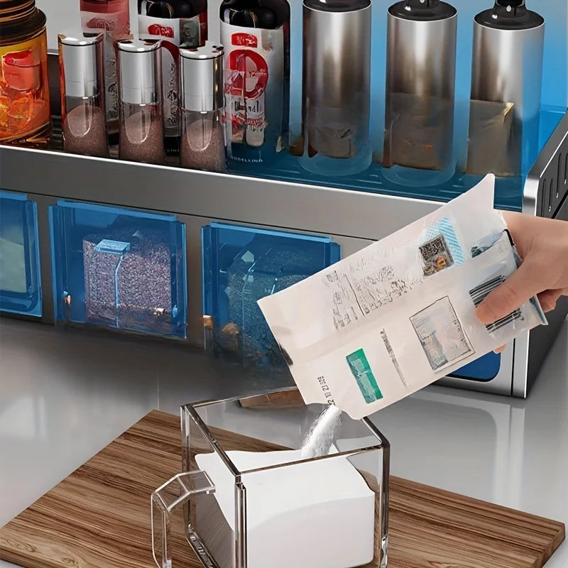 Conjunto de armazenamento de rack de especiarias de cozinha montado na parede sem perfuração, com recipientes e distribuidores selados, adequado para uso doméstico