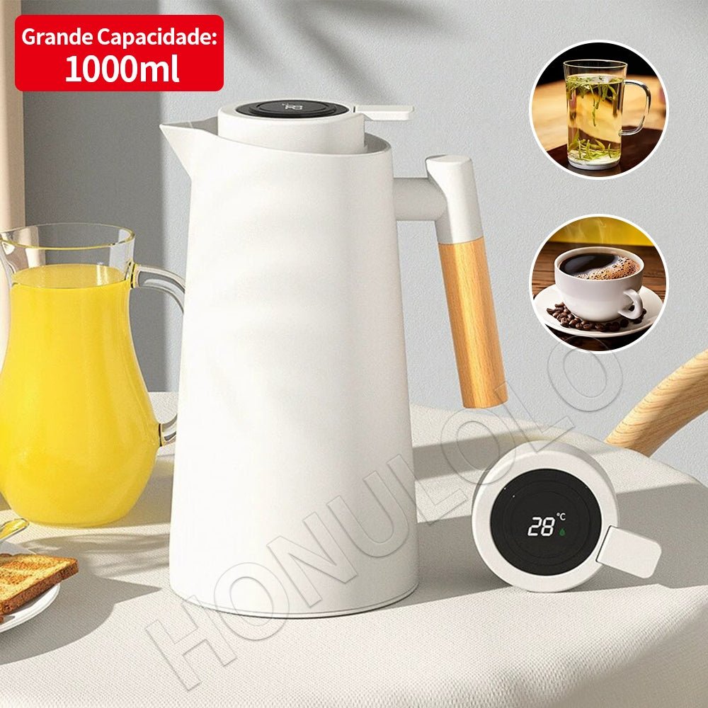 Garrafa Térmica com Termômetro LED 1L – Design Moderno e Cabo de Madeira - LK House