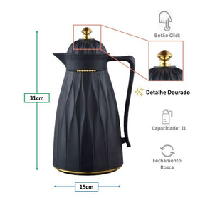 Garrafa Térmica de Café Chic 1L Preta e Dourada – Estilo e Alta Conservação Térmica - LK House