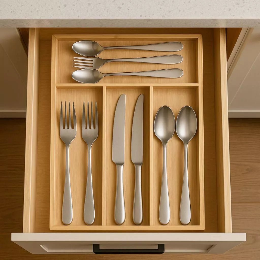 Porta Talheres de Bambu com 4 Divisórias – Mais Organização e Praticidade para Suas Gavetas - LK House