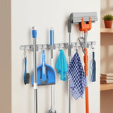 Suporte Inox De Parede  9 Ganchos Porta Vassoura Mop Rodo Utensílios de Limpeza