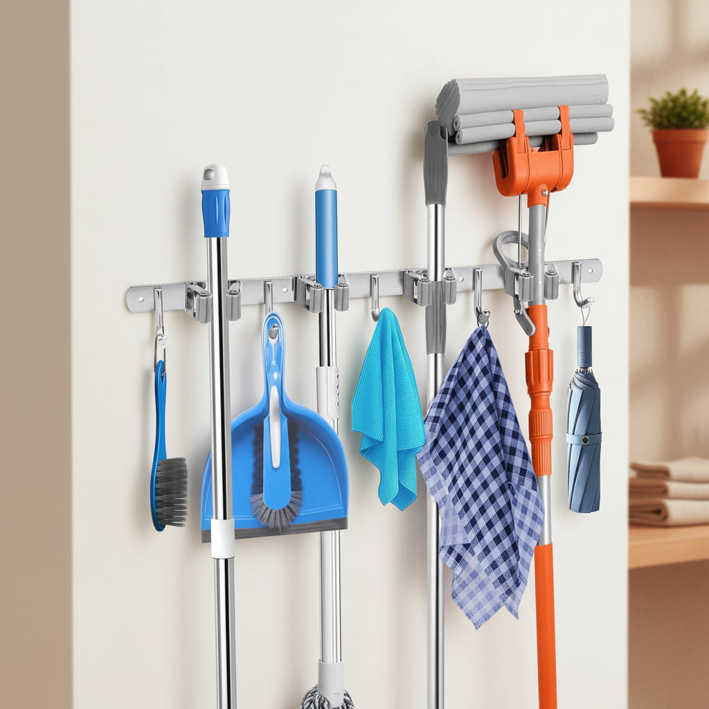 Suporte Inox De Parede  9 Ganchos Porta Vassoura Mop Rodo Utensílios de Limpeza